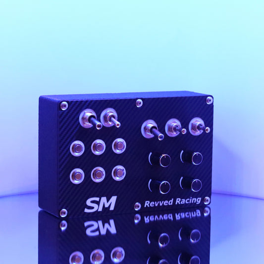 A white, SM-Racing Products BB02-Button Box with custom text.
